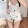 New ice silk pajamas set Internet celebrity print lace casual thin summer suspender shorts spring and autumn