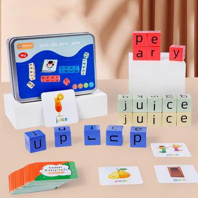 Buchstabiere das Wort Spiel, Holz Lese-Bausteine mit 54 Karten, Montessori Alphabet Lernspielzeug