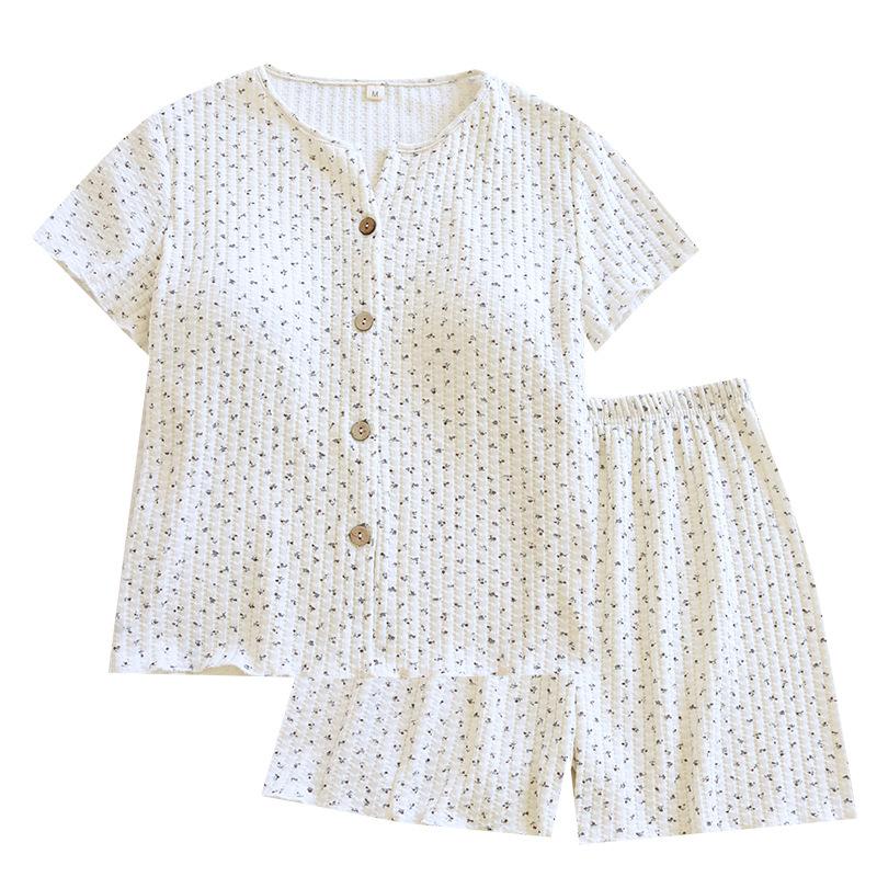 Spring and Summer Loungewear Set, Sweet Floral Bra-free Korean V-neck Chest Pad, Short-sleeved Shorts, Thin Pajamas, Ladies