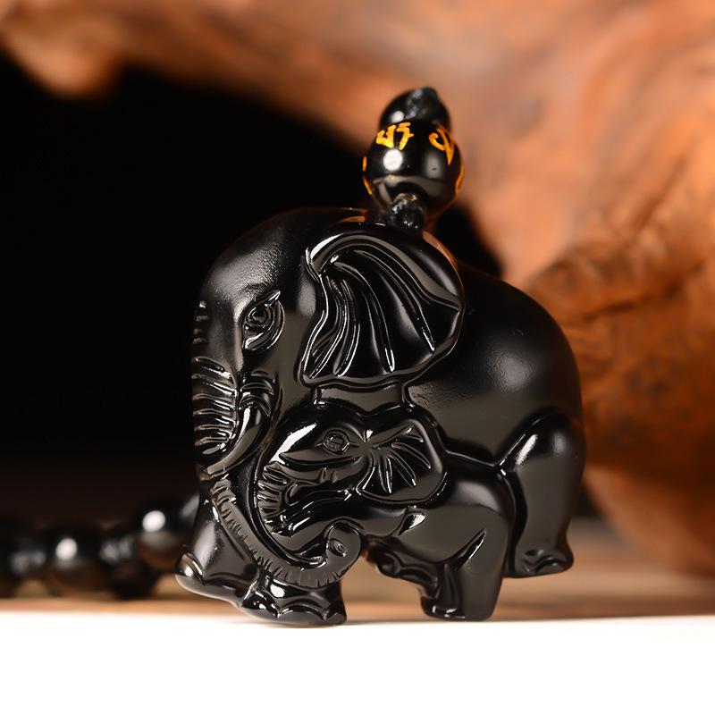 Kryształowy Obsydian Tajski Ganesha Czteroramienny Amulet Bogactwa z Wisiorkiem Matki i Słoniątka