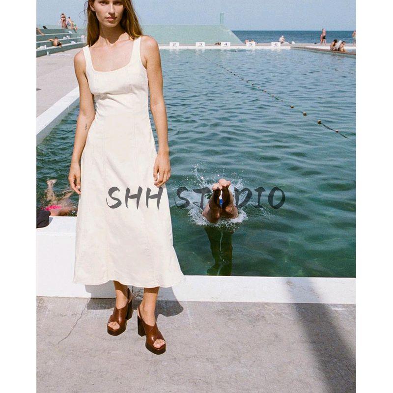 Spring Contrast Color Thread Decoration A- line Hem Open Line Design round Neck Midi Dress 0779075