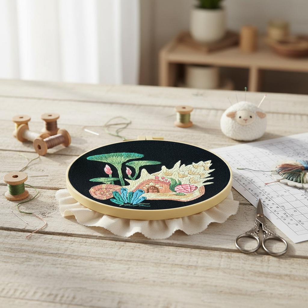 Ocean Scenery DIY Stamped Embroidery Stitches Practice Kit 30x30cm Embroidery Starter Kit with 20cm Embroidery Hoop for Adults