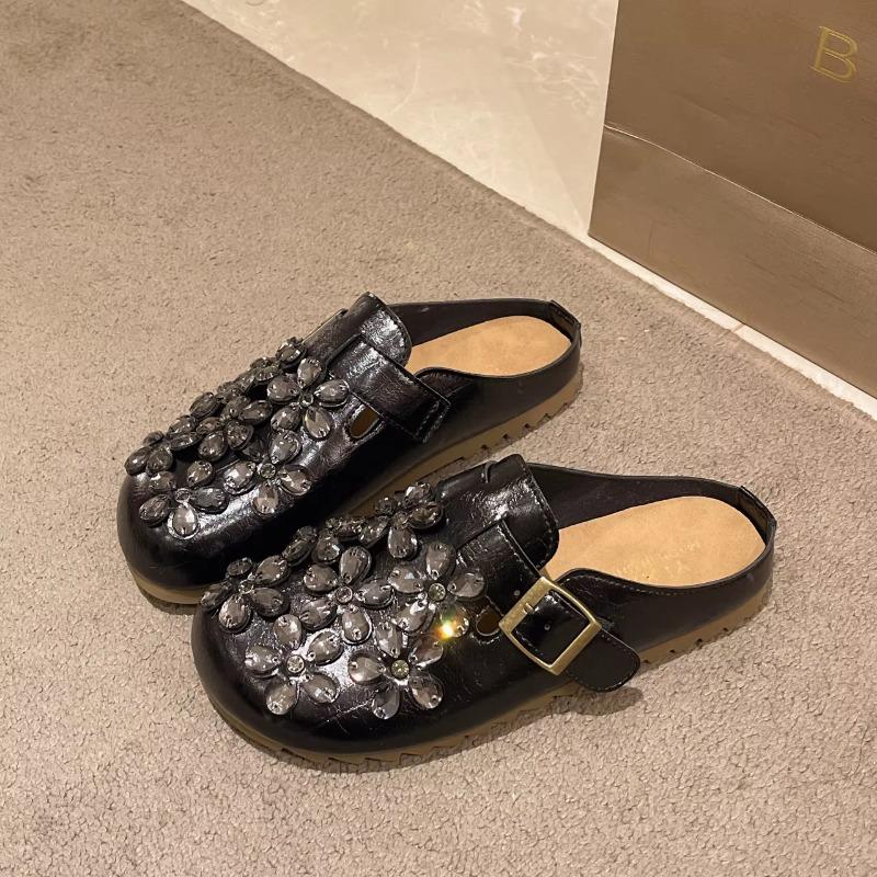 Fashion Brand Shoes Female 2025 Mules Women's Slippers Casual Slippers Women Fashion Rhinestone Flower Shoes Belt Buckle Flat Slippers