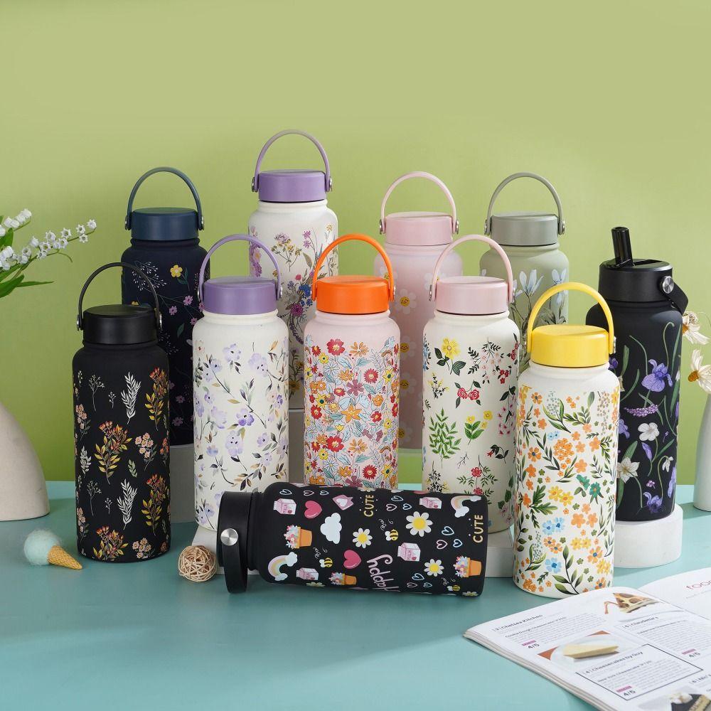 1L Thermal Water Bottle Creative Floral Insulated Bottle Reusable Outdoor Insulated Mug  Household