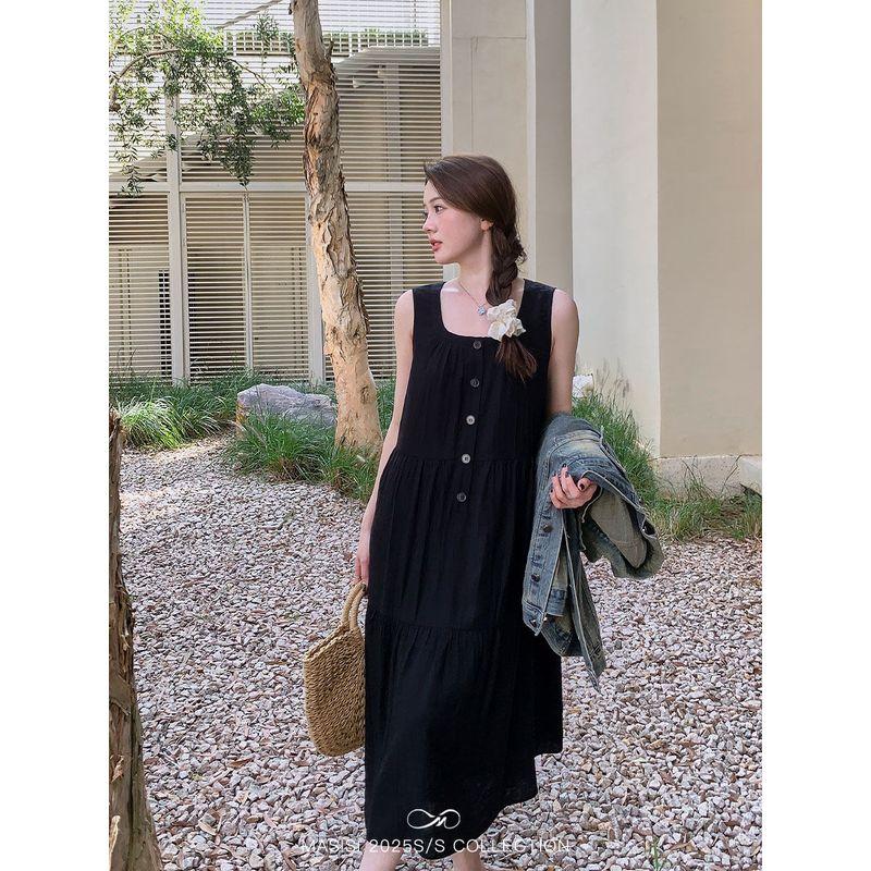 

Maxi Plus Size Women s Texture U-Neck Vest Dress Spring Plus Size Ladies Slim Looking Mid Length Long Length Base Skirt