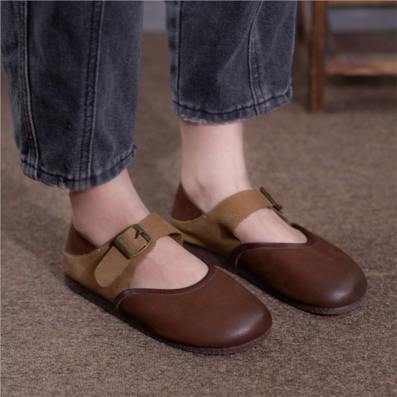 Johnature Genuine Leather Shallow Flats Breathable And Non Slip Soft Sole Retro Mixed Colors Women's Shoes