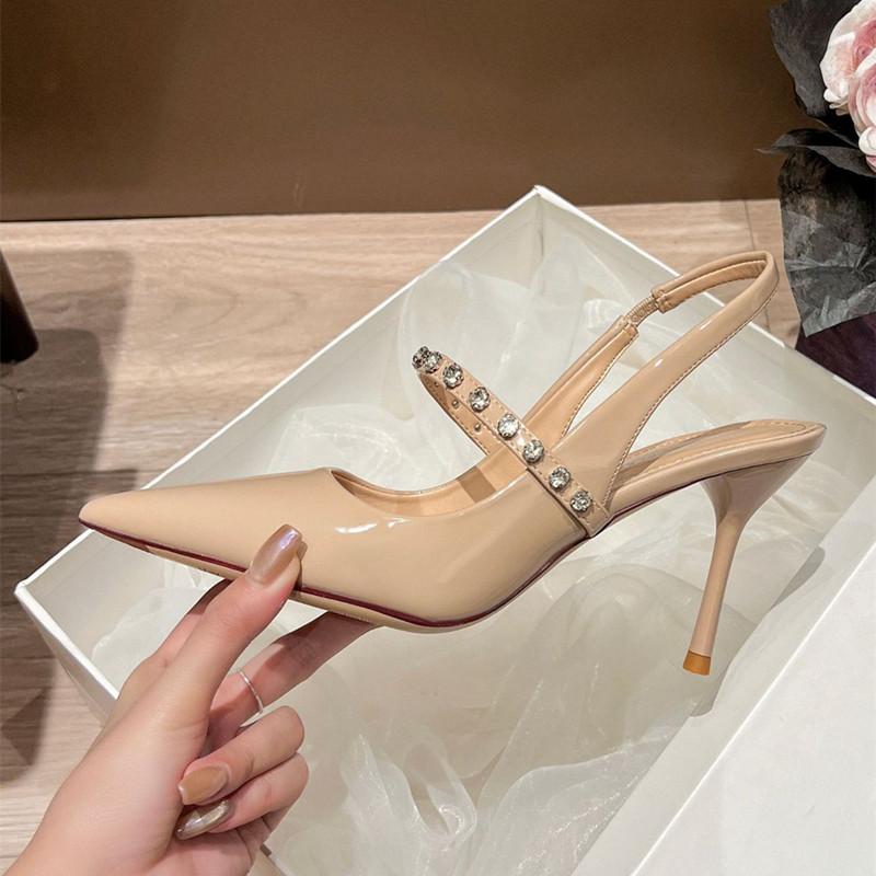 

Fashion Star style Fashion Patent Leather Rhinestones Mary Janes Women Pumps Elegant Pointed toe Slingbacks Thin High heels Dress Shoes 41