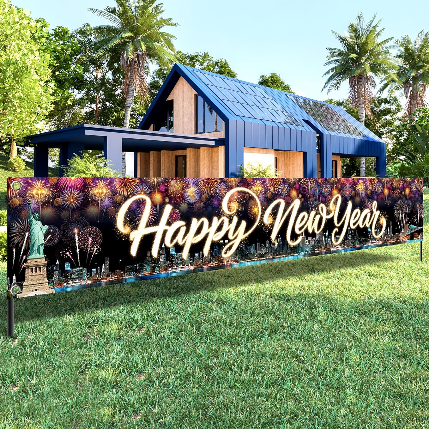 KatchOn, Skyline Happy New Year Banner - 10 Feet | Happy New Year Yard Sign for New Years Eve Party Supplies 2026 | Yard Banner for New Years