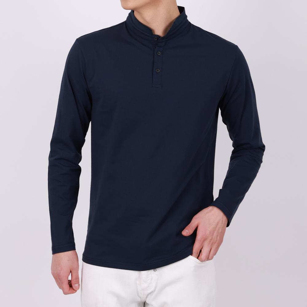 IKALOOK Henley Neck Navy Long Sleeve T-Shirt Tee172