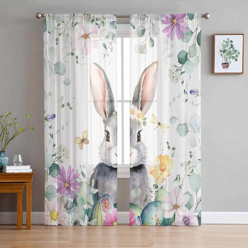 Easter Spring Flowers Bunny Tulle Curtains For Living Room Sheer Curtain For Bedroom Kitchen Blinds Voile Curtains