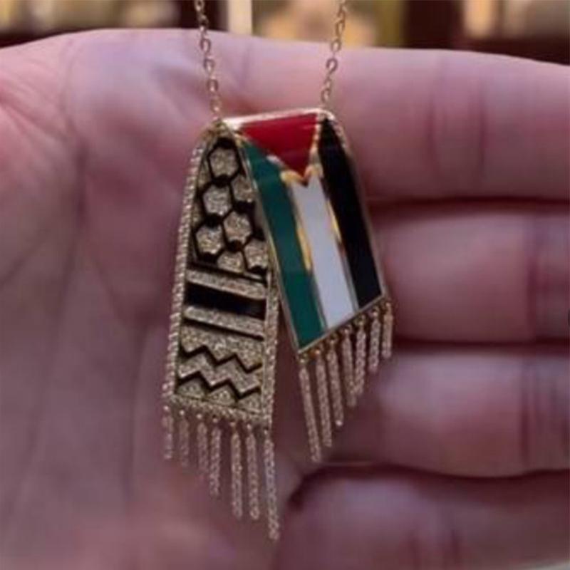 1 Pc Stainless Steel Scarf Shape Pendant Middle East Palestine Hijab Scarf Gaza Rhinestone Tassel Necklace Jewellery Gift