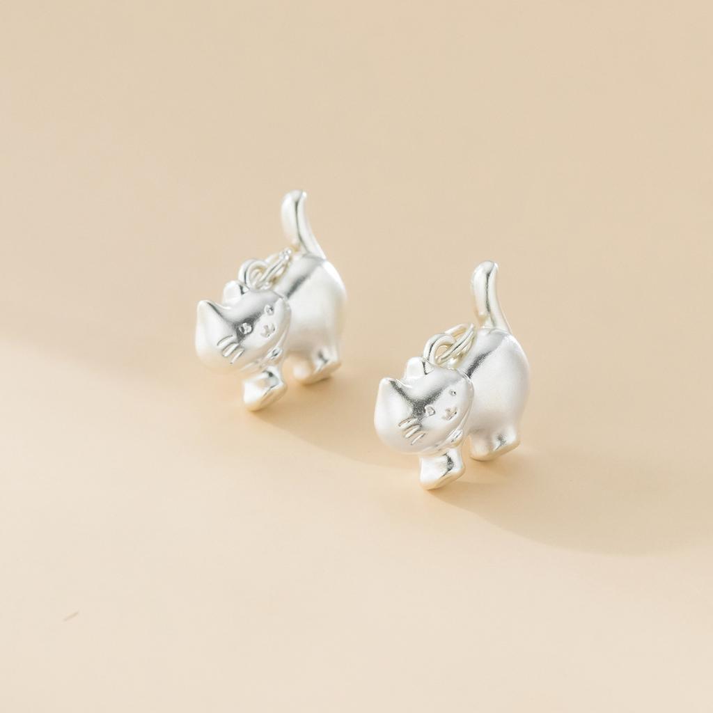 S999 Pure Silver Cartoon Glossy Cat Pendant DIY Bracelet Pendant Handmade Braided Rope Material Accessories