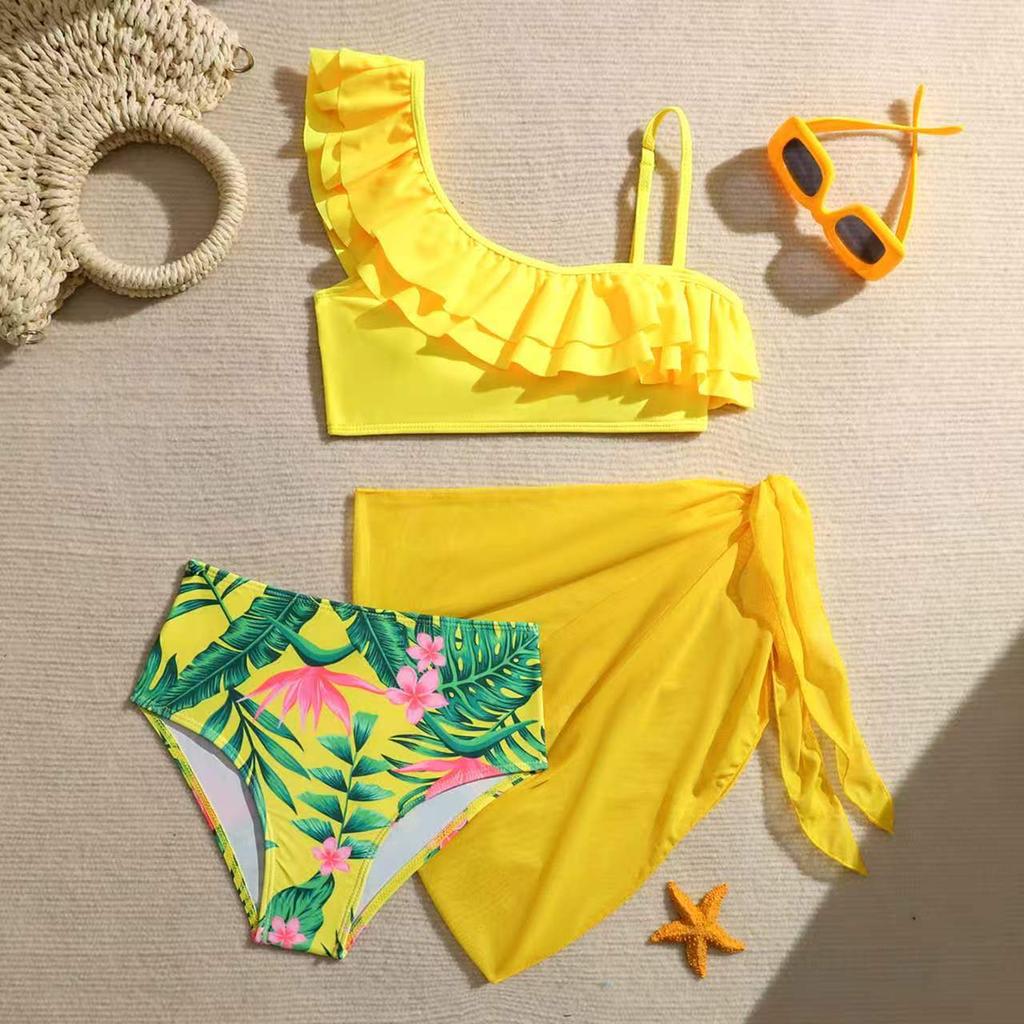 Girls Fashion High Waist Three Piece Swimsuit Set with Ruffle One Shoulder Top Printed Bottom and Sheer Wrap Skirt for Beach Pool