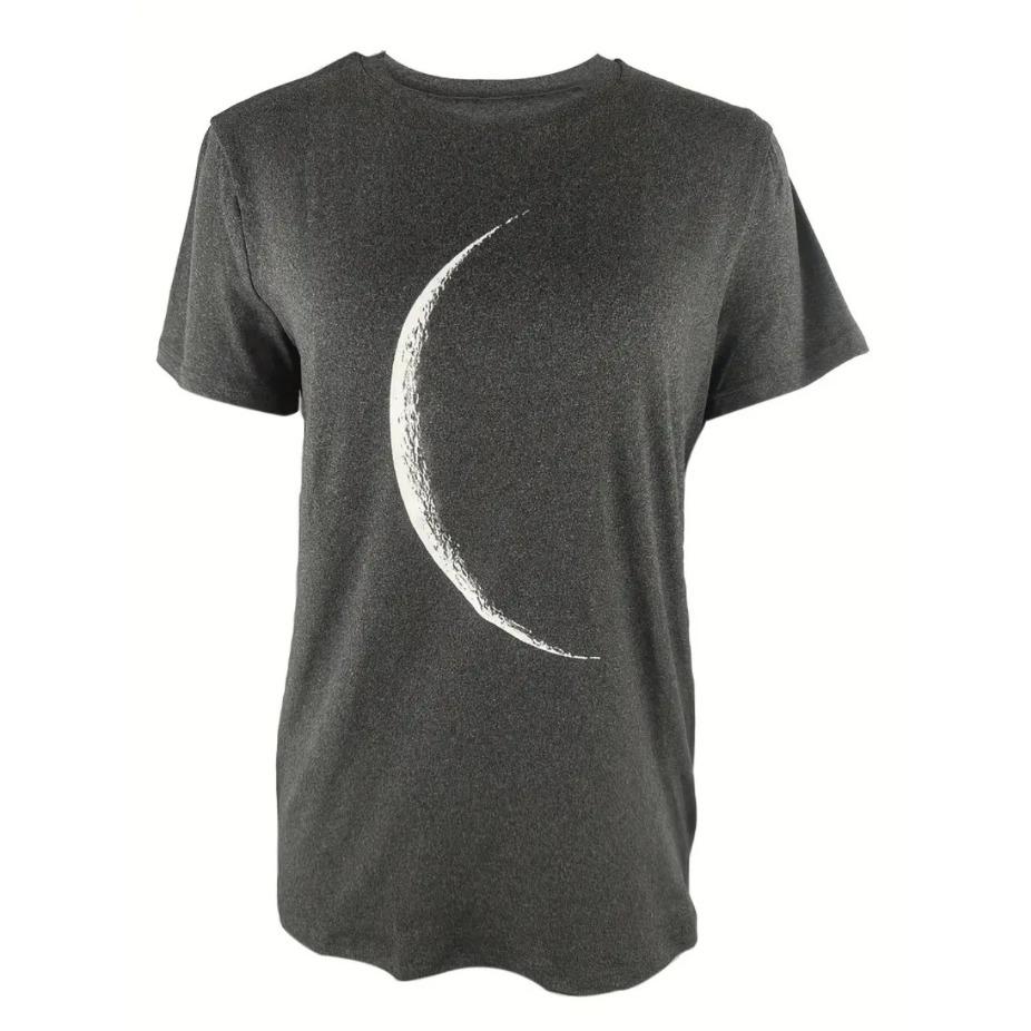 Bending Moon 3D Print Round Neck Short Sleeved T-shirt for Women Tees Breathable Polyester Stretch Comfortable for Everyday
