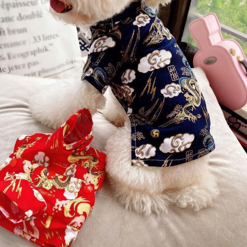 1Pc Chinese Style Dog Tang Suit Shirt Cotton Soft Pet Spring Festival New Year Shirt Comfortable Dragon/Auspicious Cloud Pattern