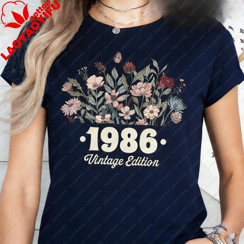 40th Birthday Shirt Flower 1986 Birth Year Number For Wounisex Graphic Tshirt Turning 40 Plus Gift Crewneck Shortsleev Tops