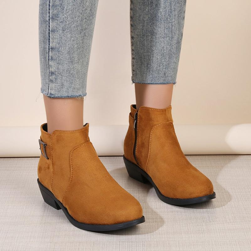 Western Booties Fall Winter New Round Toe Scrub Fleece Side Zip Metal Buckle Soft Sole Block Heel Shoes