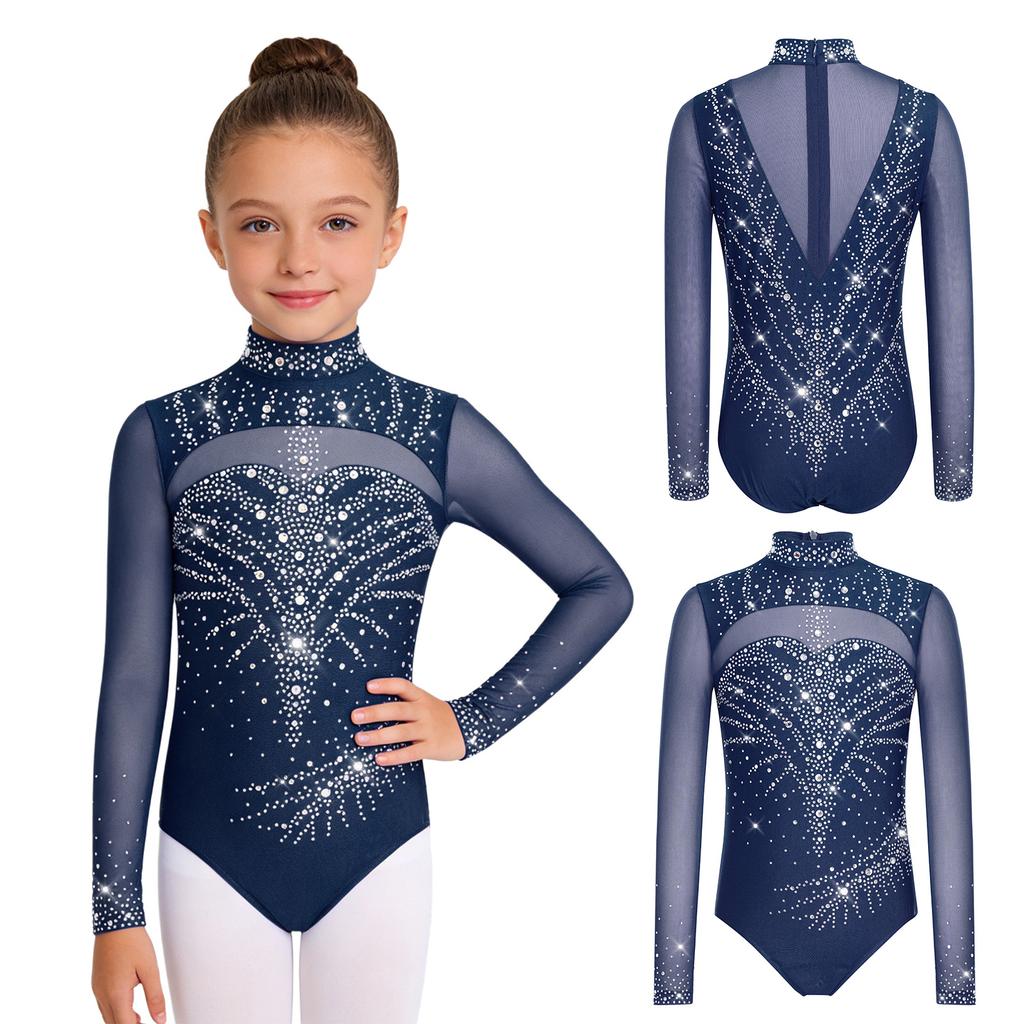 Dívčí trikot s rolákem a dlouhým rukávem, síťované díly, třpytivé kamínky, skrytý zip na zádech, gymnastický body