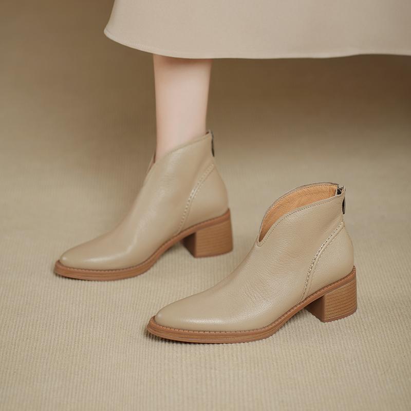 Fashion 2025 Autumn Women Boots Pointed Toe Chunky Heel Sheepskin Leather Women Shoes Short Modern Boots Winter High Heel Mid-calf Boots