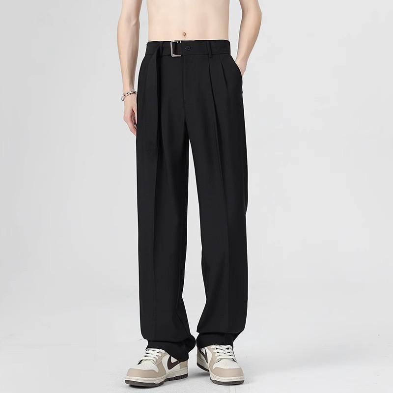 Summer Ice Silk Drape Trousers Black Ruffian Handsome High-end Belt Decorative Elastic Straight Casual Trousers Trousers