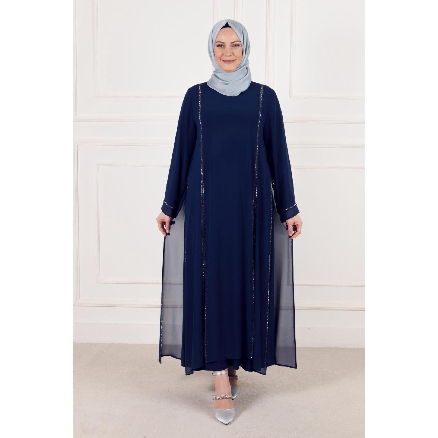 

Плюс размер Хиджаб Песчаное шифоновое вечернее платье с каменным покрытием 50013 Индиго 50-52