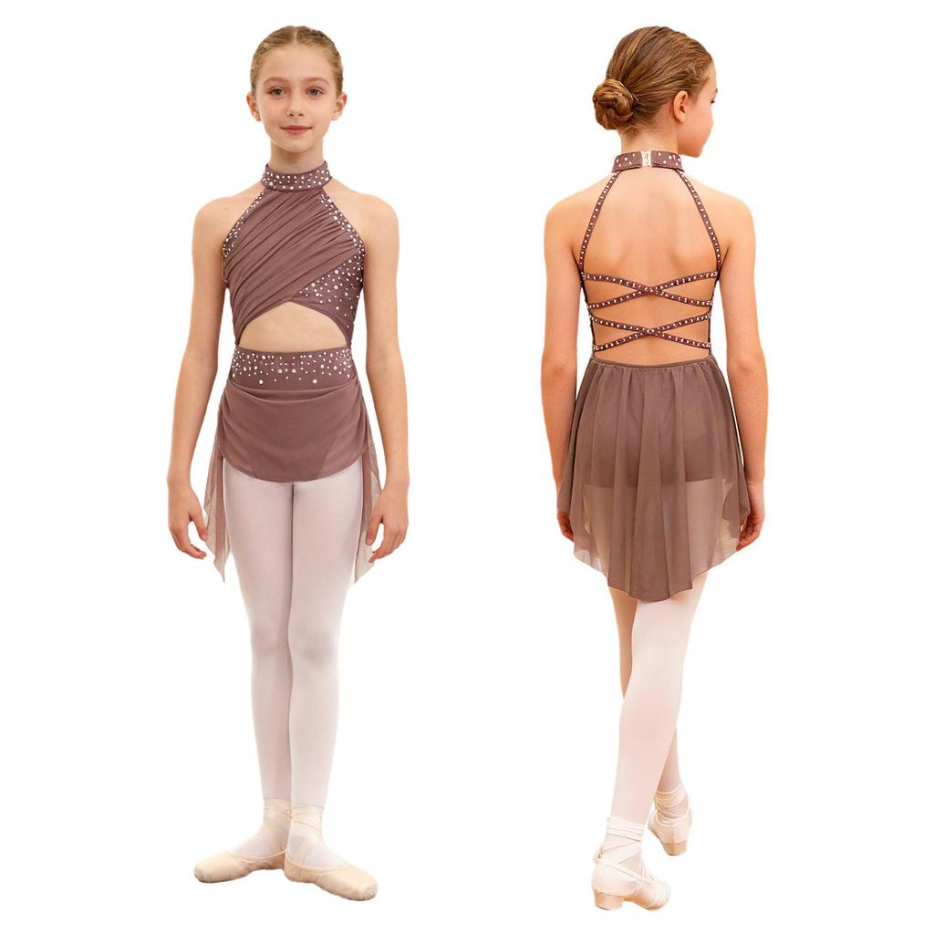 Kids Girls Modern Lyrical Dance Dress Ballet Figure Skating Gymnastics Leotard Bodysuit Costume Strappy Back Latin Jazz Dress