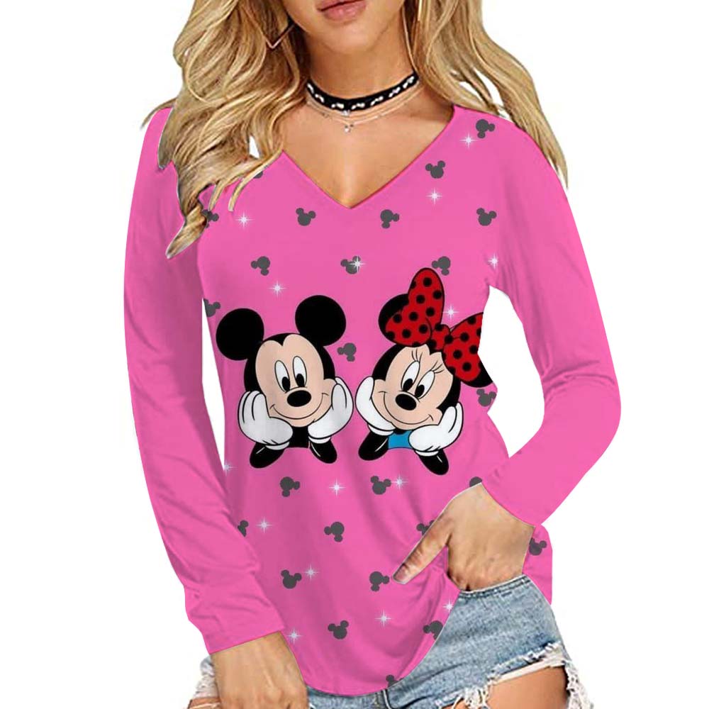 Disney Mickey Mouse Printed Women's Basic Long Sleeve Loose V-neck T-shirt Autumn/Winter 10 Color T-shirt Street Wear