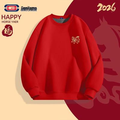 GENIOLAMODE Unisex Horse Year Fleece-Lined Red Sweatshirt