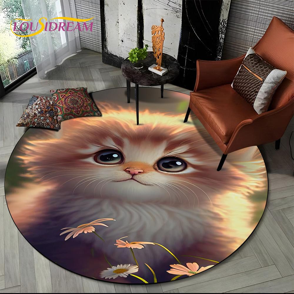 3D Persian Cat,Cute Calico Cat,Ragdoll Cartoon Round Carpet Rug for Living Room Bedroom Kid Playroom Decor,Pet Area Rug Non-slip