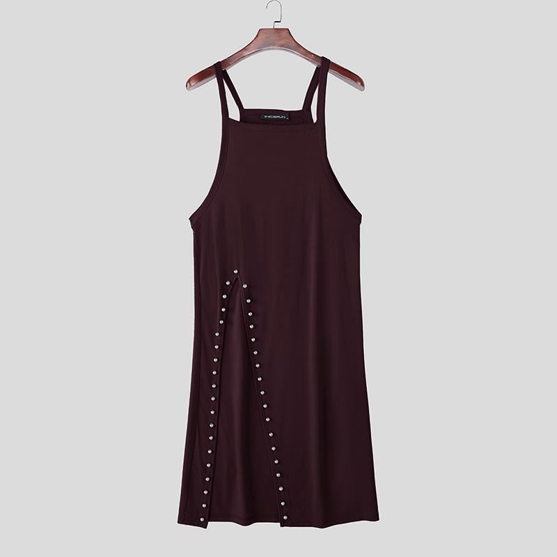 INCERUN Men Strap Sleeveless Beading Splits Long Tunic Tank Tops