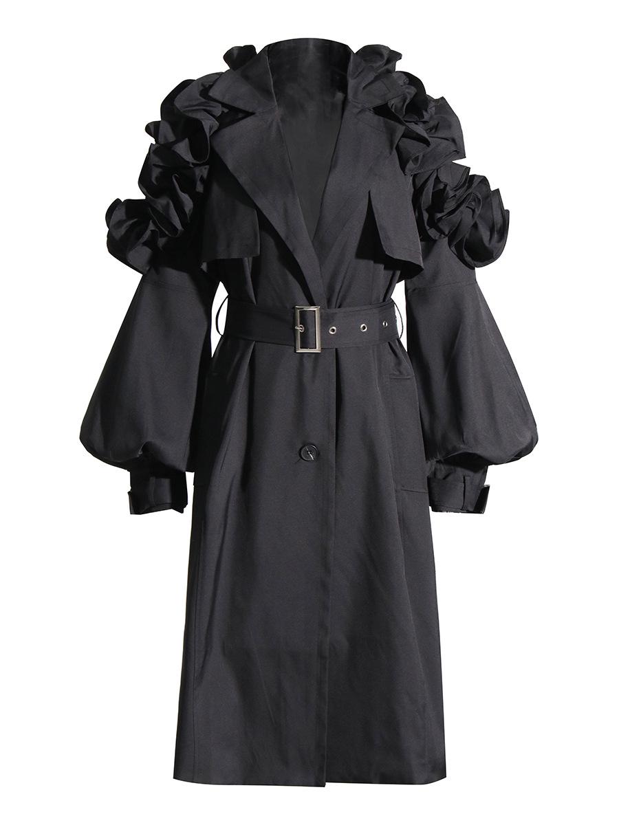 

2026 European Style Pleated Patchwork Puff Sleeve Mid-Length Trench Coat Small чёрный