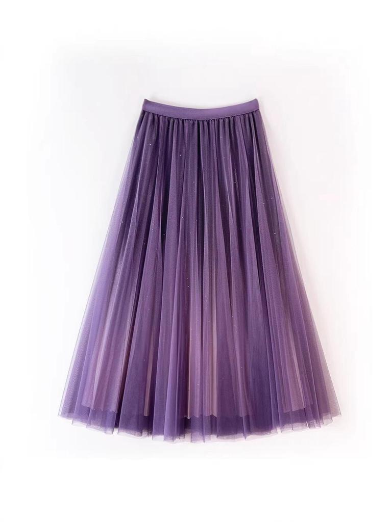 Women's Starry Sky Gradient Pleated Mesh Skirt 2026: Fashionable Slimming Long Skirt with Large Hem