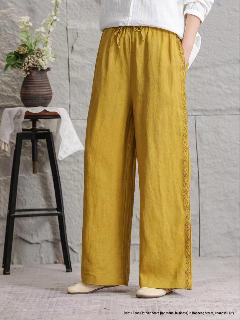 Women's Casual Linen Embroidered Wide-Leg Trousers, Summer 2026 Fashion, Slimming Loose Fit, Large Size Available