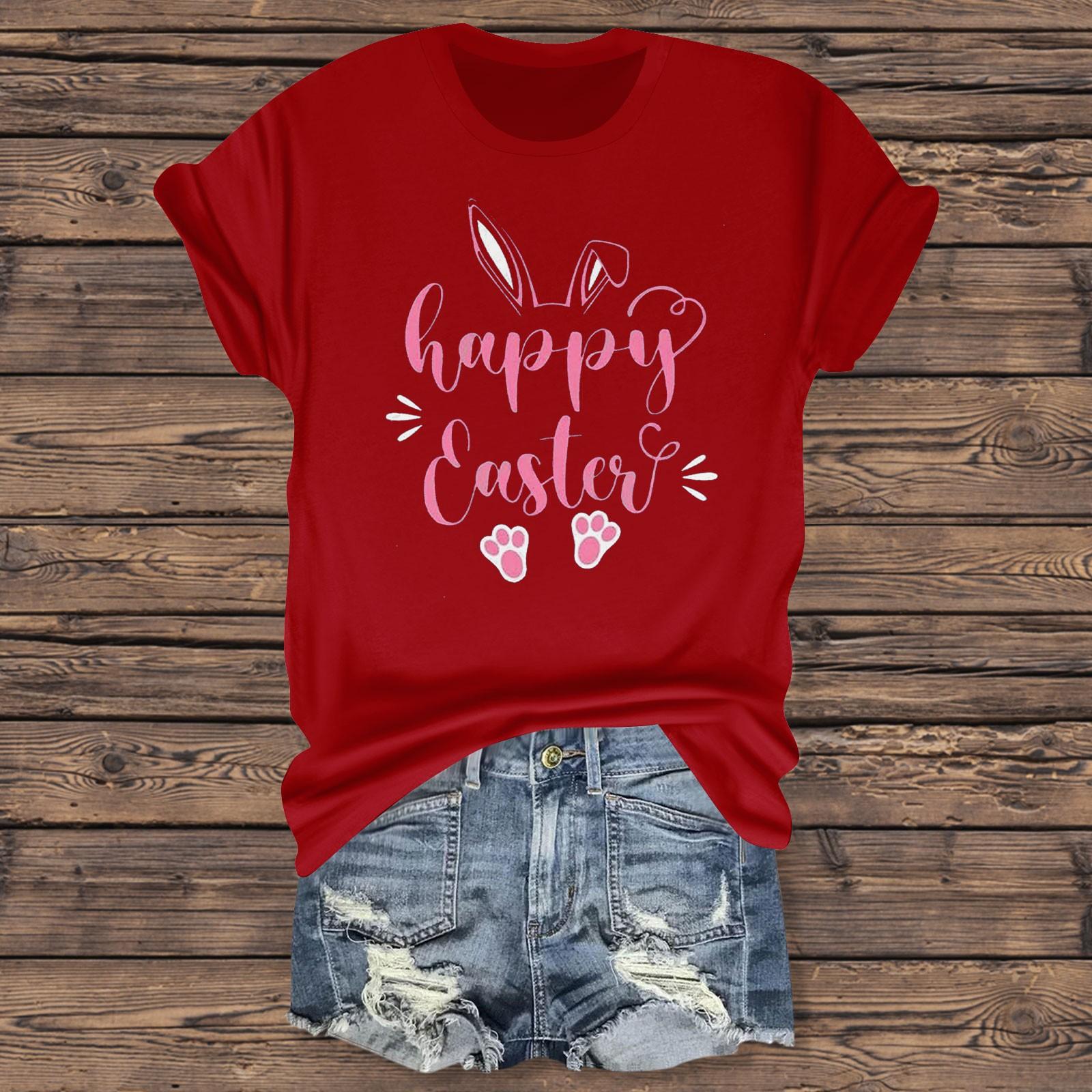 

Жіноча повсякденна футболка з принтом на Великдень, пуловер з короткими рукавами та круглим вирізом XXL червоний