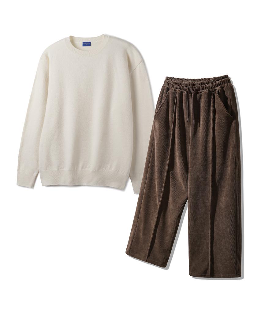 ALVINCLO [Set] Basic Round Knit Pintuck Wide Elastic Pants Set