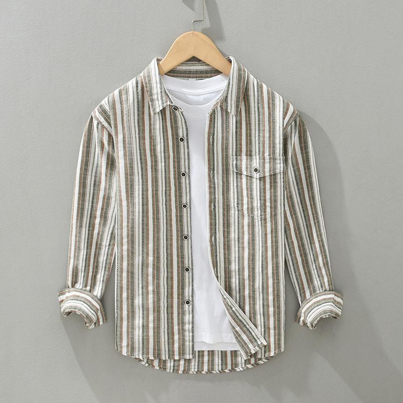 Spring and Summer Cotton Linen Men Tops Japanese Style Vintage Striped Long Sleeve Shirt Male Daily Square Button Shirt with Pocket