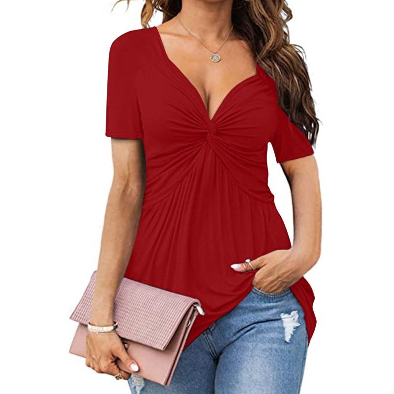 New Women's, Neck Kink Shirt Short Sleeve Elegant Casual Shirt Solid Color Pullover