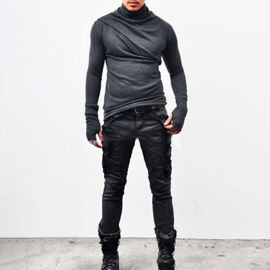 Spring Autumn Men Top Neck Protection High Collar Slim Fit Stretchy Pleated Long Sleeves Pullover