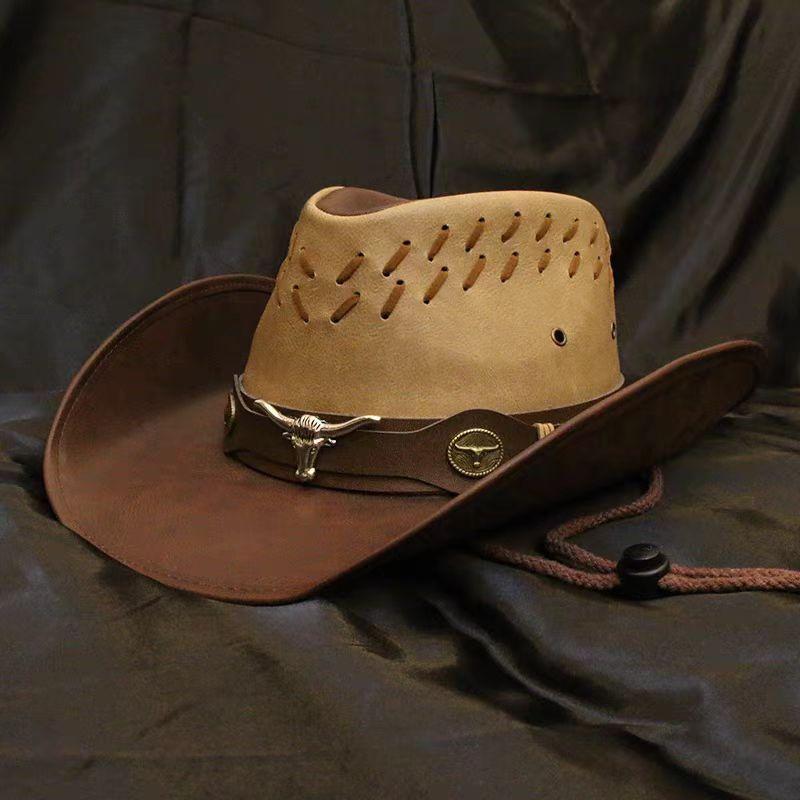 Leather Western Cowboy Hat Men'S Gentleman Godfather Hat Pu Material Panama Cowboy Hat Jazz Hat Sombrero Para Hombres