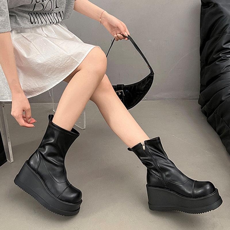 Fashion British Style Thick Bottom Round Head Ankle Boots for Women Female Autumn Thick Bottom Gothic High Heels Women's Short Boots