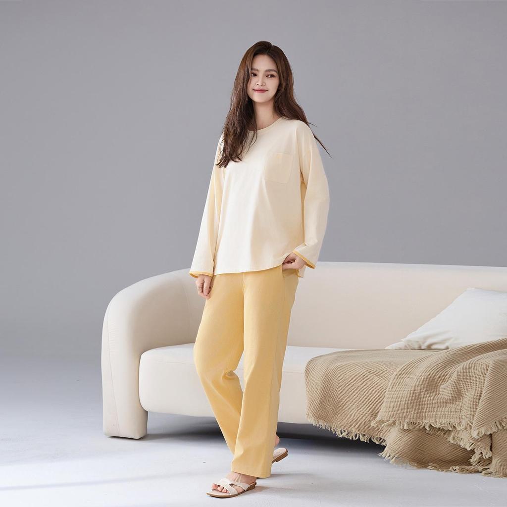 Women's Pure Cotton Pajamas with Chest Pad - Long Sleeve, Plus Size, for Autumn/Winter. Wearable Outdoors, Loose Fit Homewear.