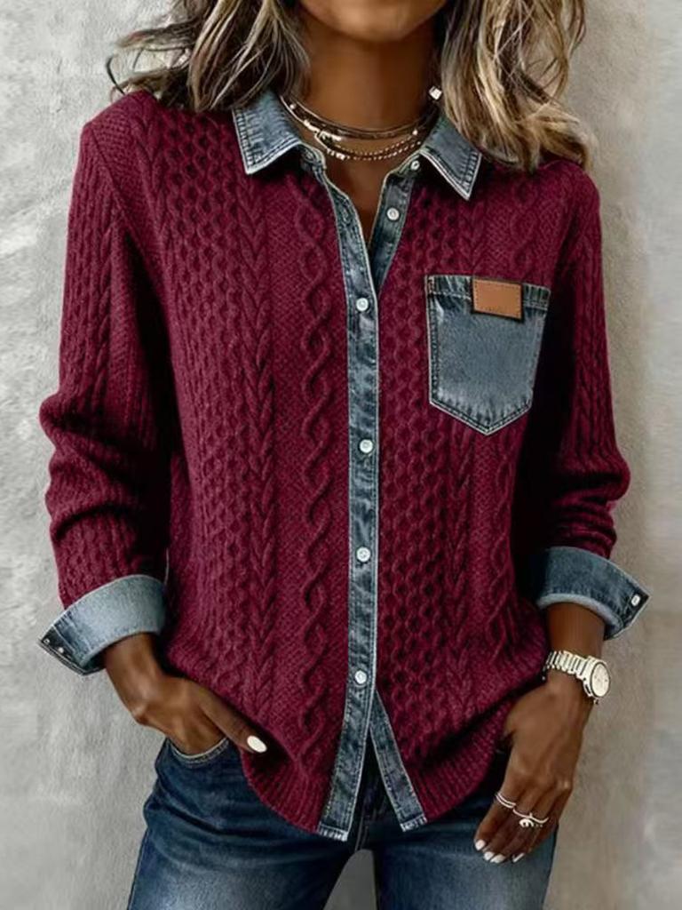 New Wind Knitted Patchwork Denim Shirt Women Autumn Winter Fashion Versatile Long Sleeve Cardigan Jacket