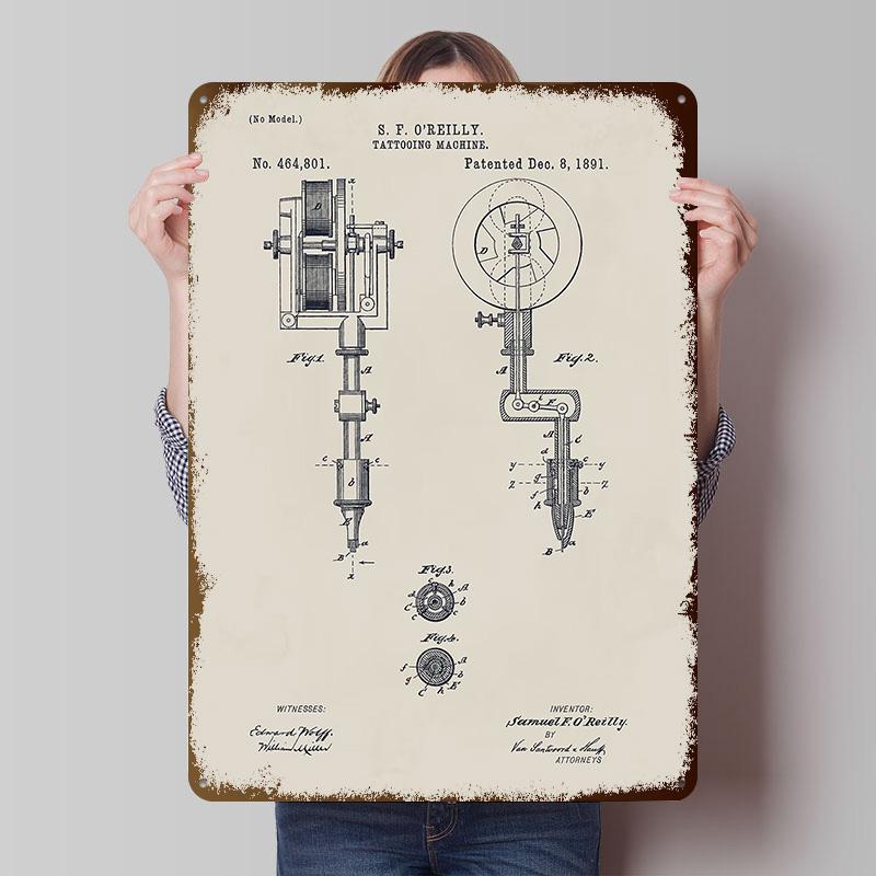 Tattoo Machine Patent Tinplate Posters Customizable Wall Art Retro Vintage Metal Signs for Home Room Mancave Decoration Garage