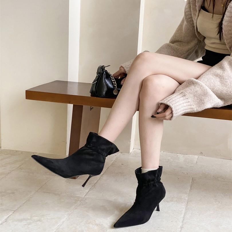 2025 autumn and winter new pointed thin heel high heel temperament thin French fashion sexy beauty female Internet celebrity short boots