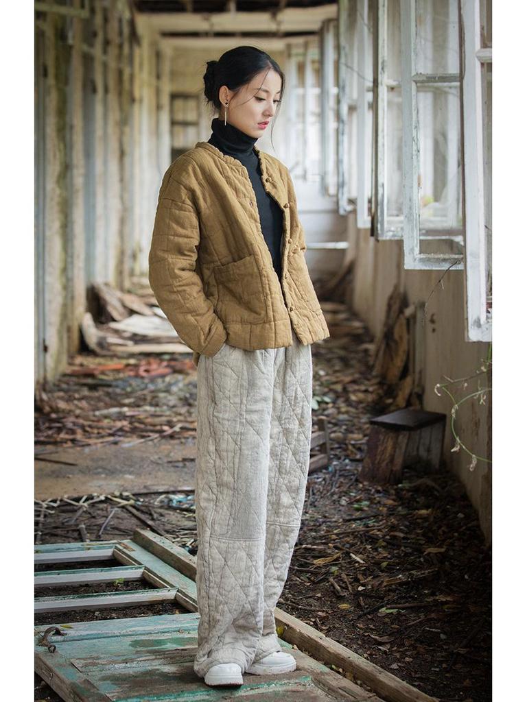 Women's New Style Winter Quilted Plaid Cotton Jacket: Fashionable Literary Short Ramie Coat