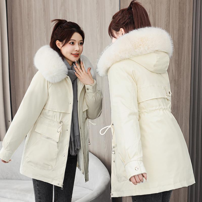 Women's new mid-length fur collar hooded cold lightweight thickened padded warm loose high quality fabric casual sports cotton clothing