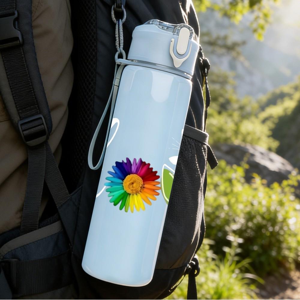 1PC Rainbow Daisy Simple Cute Floral Art 750ml Color Plastic Sports Water Bottle Leakproof Flip Straw Lid Suitable for Sports Office Home Use