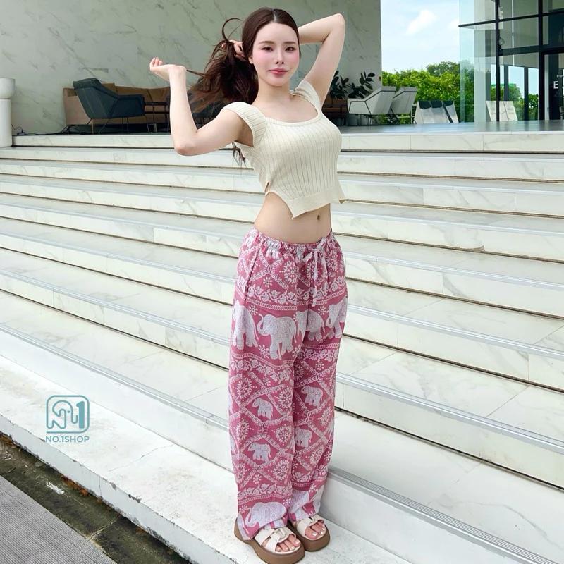 Elephant Pants Women Men Unisex Premium Japanese Silk Print Thailand Casual Streetwear Beach Bohemian Retro Vintage Adjustable Rope Loose Legs