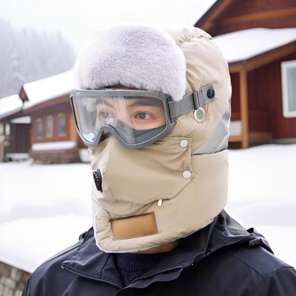 Russian Ushanka Winter Plush Hats with Goggles Cycling Windproof Cap Pilot Hat Lei Feng Hat  Sports