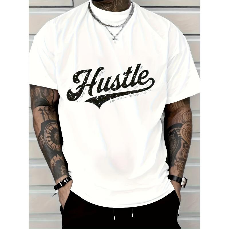 

European sizes Men S Hustle Graphic Print White T-Shirt | Casual Short Sleeve Round Neck Tee, All-Season Comfort 4XL чорний